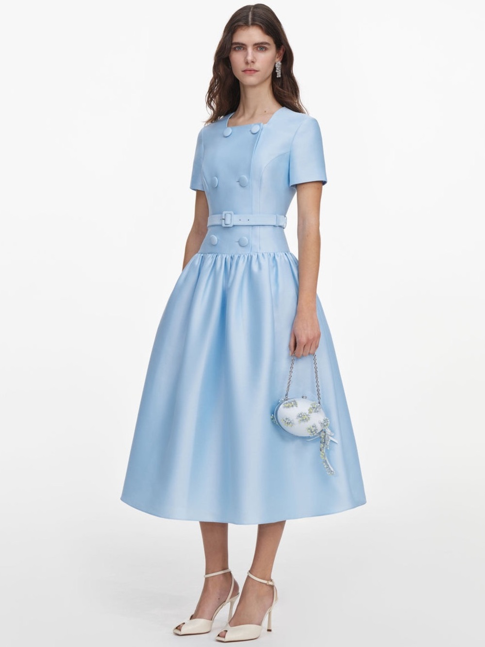 NWOT Self-Portrait BLUE BUTTON FRONT TAFFETA MIDI DRESS - Picture 3 of 11